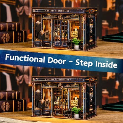 DIY Miniature Dollhouse Kit with LED Light, 3D Wooden Puzzle Book Nook Kit for Adults and Teens, Creative Tailor Shop Model Kit to Build, Home Decor Hobby Gift (Golden Section Line) - Image 5
