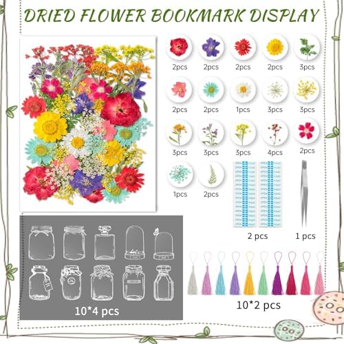Kaluofan 103PCS Bookmark Making Kit, Transparent Flower Bookmarks, Handmade Dried Flower Bookmark Kit for School, DIY Bookmark Kit with Abundant Bottle Bookmarks Dried Flowers Tassels and Tweezer - Image 2