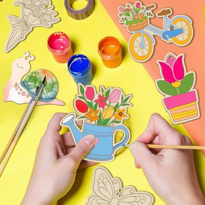 80PCS Wooden Spring Ornaments to Paint, 10 Styles DIY Blank Unfinished Wood Flower Cutouts Butterfly Ornament for Crafts Hanging Decorations, Cute Bee Flower Shape Home Decorations Gifts - Image 2