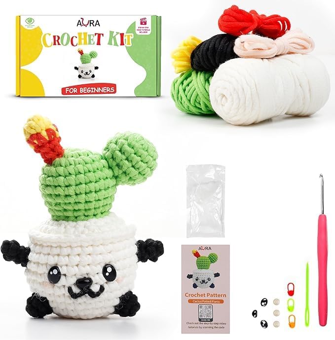 A-URA Learn to Crochet Kit for Beginners Kids and Adults, Premium Pattern Sunflower Beginner Crochet Kits with Easy Tube Yarn & Step-by-Step Video Tutorials (Panda Cactus Crochet Kits) by AURA