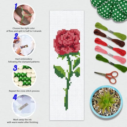 BEUNITONE 6 Pcs Flower Bookmark Cross Stitch Kits DIY Stamped Embroidery Bookmark Kit for Adults Beginner with Instructions Vivid Floral Cross Stitch Kits for DIY Crafts Book Lovers Gifts 2.4x8 in - Image 4
