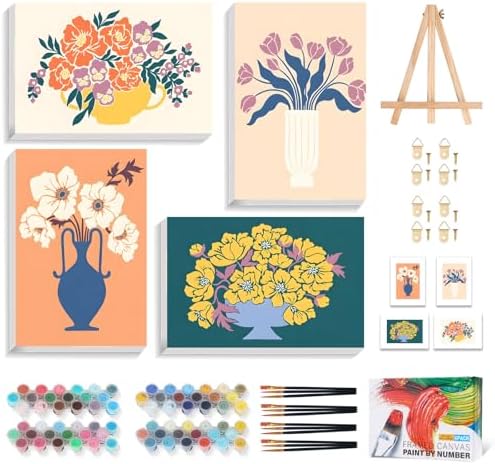 4 Pack Paint by Numbers Kit for Adults with Frame, Flowers & Floral Vase by Okarina