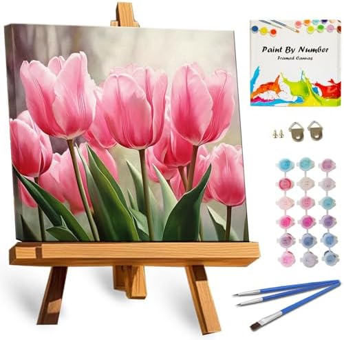 TOCARE Framed Paint by Numbers Kit for Adults Beginner, Tulip Paint by Number with Frame, Small Simple Oil Paint by Numbers Framed Canvas Flowers for Home Wall Decor (10x10 Inch, Without Easel) by TOCAREDirect