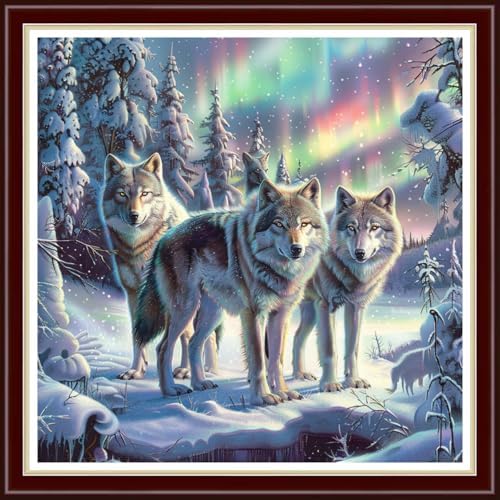 Joyhoor Cross Stitch Kits for Beginners Stamped Cross-Stitch Supplies Needlework preprint Embroidery Kits for Adults DIY Needlepoint Kit Embroidery Patterns 11CT-Snow Wolf 18x18 inch by JoyhoorCrossStitchKits