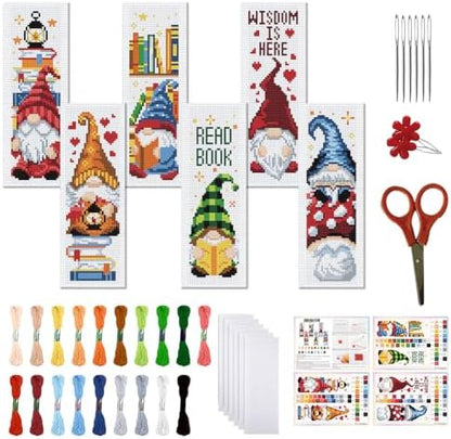 FREEBLOSS 6 Set Cross Stitch Bookmark Kit 11 CT Stamped Cross Stitch Kit DIY Embroidery Bookmark Kits for Adult Beginners with Instructions, Gnome Pattern, 6 x 20 cm/8" x 2.4" by FreeandCreativeCraftsArt