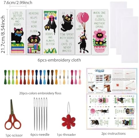 ORIGACH 6 Set Black Cat & Inspirational Quotes Cross Stitch Bookmark Kit - Image 2