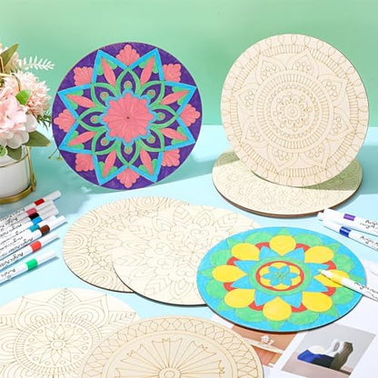Vercraft 22 Pcs Wooden Mandala Painting Set 10 Cutouts 12 Markers, Vintage - Image 4
