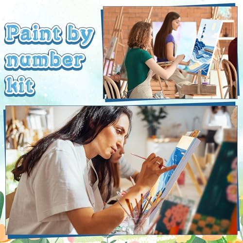 Nezyo 8 Sets 8 x 8 Inch Paint by Numbers Kit for Adult Beginners with Wooden Easels Acrylic Paint by Number Landscape Paintings Kits for DIY Party Home Decor Gift(Blue Ocean) - Image 7
