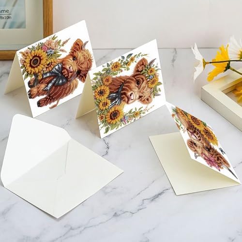 Tontut 6pcs 5D Diamond Art Painting Greeting Card Kit, Sunflower Yellow Cow Adult DIY with Envelope, Special Shape Diamond Design Greeting Card Creative Gift - Image 7