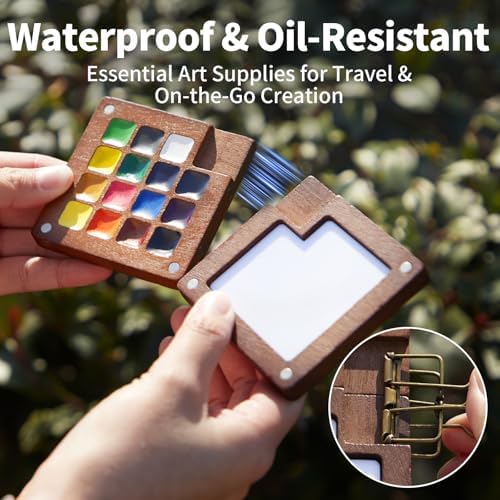 Mini Watercolor Paint Set, Travel Painting Kit with Walnut Wood Palette 15-Color, Crossbody Bag, Watercolor Journal, Metal Clip, Water Cup, Water Brush, for Artists, Beginners & Adults, Brown - Image 4