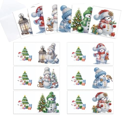 antor 6 Pack Diamond Art Christmas Cards with Envelopes, Special Shaped Rhinestone DIY Diamond Painting Greeting Card Kit, Snowman Design for Adults Holiday Craft Gift by antor