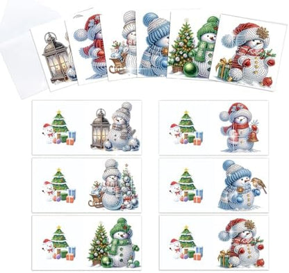 antor 6 Pack Diamond Art Christmas Cards with Envelopes, Special Shaped Rhinestone DIY Diamond Painting Greeting Card Kit, Snowman Design for Adults Holiday Craft Gift by antor
