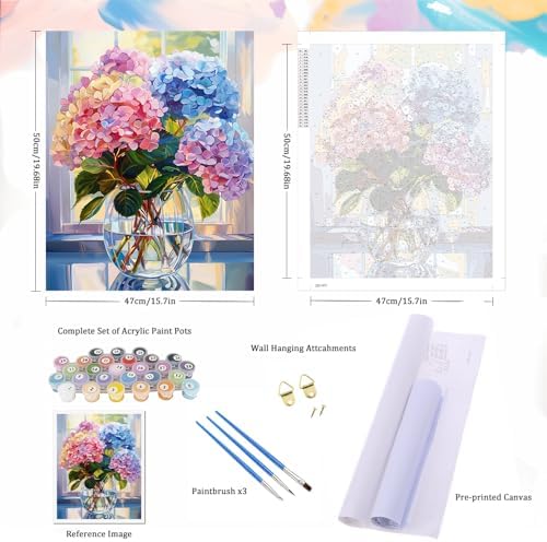 Natuyalo Paint by Numbers Kit for Adults Beginners and Kids, 16" Wx20 L Canvas Pictures Drawing Acrylic Paintwork with 3 Pcs Paintbrushes, Colorful Flowers in Vase - Image 5