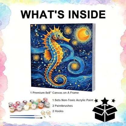 TBAIRO Starry Night Framed Paint by Numbers Kit for Adults Beginner Seahorse DIY Painting Kits for Kids Ages 8-12 Animals Easy Adult Paint by Number Kits on Canvas for Wall Art Decor 8x8 Inch - Image 3