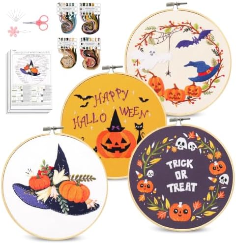 Santune 4-Pack Halloween Embroidery Kit Cross Stitch Kits for Beginners DIY Needlepoint Kit with 4 Embroidery Clothes Featuring Pumpkin Patterns,2 Hoops,Color Threads,Needles by Santune