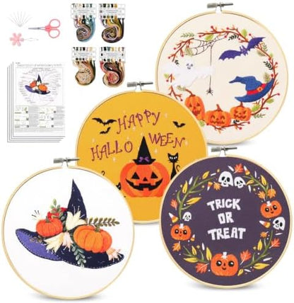 Santune 4-Pack Halloween Embroidery Kit Cross Stitch Kits for Beginners DIY Needlepoint Kit with 4 Embroidery Clothes Featuring Pumpkin Patterns,2 Hoops,Color Threads,Needles by Santune
