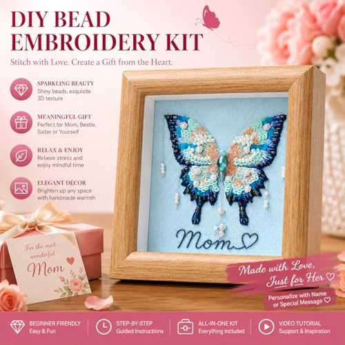 LKTEE Butterfly Bead Embroidery Kit, Hand Embroidery Starter Kit for Beginners Adults with Wooden Frame, Beaded Embroidery Kits DIY Craft Sewing Supplies for Gift Home Decoration (Blue) - Image 2