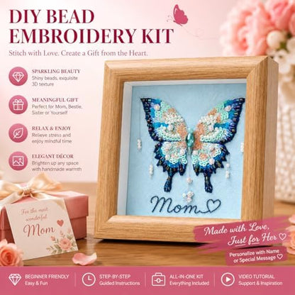 LKTEE Butterfly Bead Embroidery Kit, Hand Embroidery Starter Kit for Beginners Adults with Wooden Frame, Beaded Embroidery Kits DIY Craft Sewing Supplies for Gift Home Decoration (Blue) - Image 2