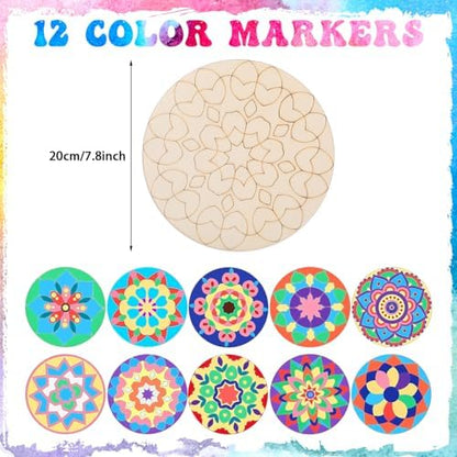 Vercraft 22 Pcs Wooden Mandala Painting Set 10 Cutouts 12 Markers, Classic - Image 2