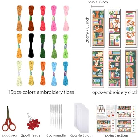 FREEBLOSS 6 Set Cross Stitch Bookmark Kits Fox Bookshelf Pattern Stamped Embroidery Kit Stitch Bookmarks DIY Book Marks Printed Cross Stitch Kits with Instructions for Beginners Adults, 8''x2.4'' - Image 2