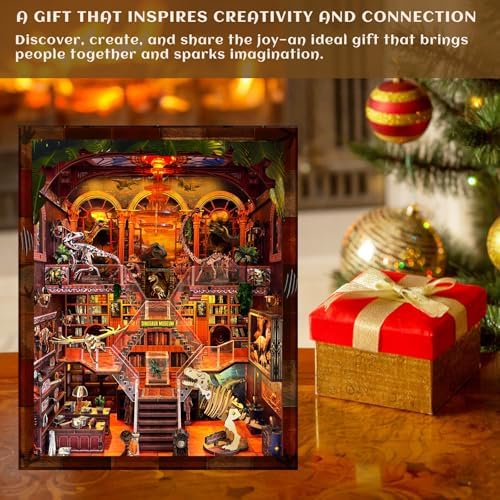 VORATHIS Dinosaur Book Nook Kit LED, 3D Wooden Puzzle Museum for Adults - Image 6