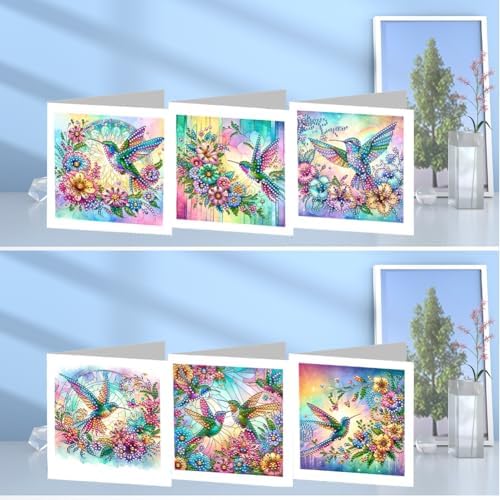 jinglinhh 6pcs Diamond Art Painting Hummingbird Hibiscus Flowers Greeting Cards with Envelopes, DIY Card Making Kits for Adults, Diamond Art Postcards Holiday Cards Craft Gifts - Image 4