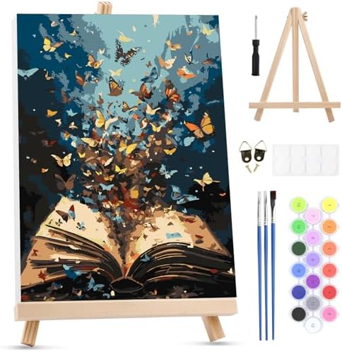 MXJSUA Butterflies Book Paint by Numbers Kit with Frame for Adults, Easy Beginners Paint by Number on Canvas with Easel, Acrylic Number Painting Craft Gifts for Home Decor, 8x12 inch by MXJSUA-DiamondPaintingkits