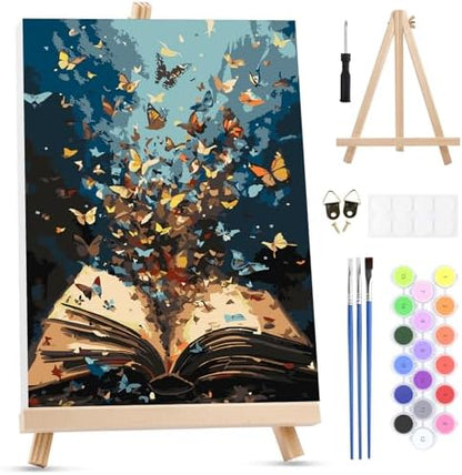 MXJSUA Butterflies Book Paint by Numbers Kit with Frame for Adults, Easy Beginners Paint by Number on Canvas with Easel, Acrylic Number Painting Craft Gifts for Home Decor, 8x12 inch by MXJSUA-DiamondPaintingkits