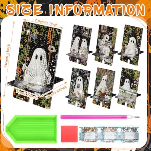 Saillong 6 Pcs Halloween Ghost Diamond Painting Phone Holder, Full Drill - Image 3