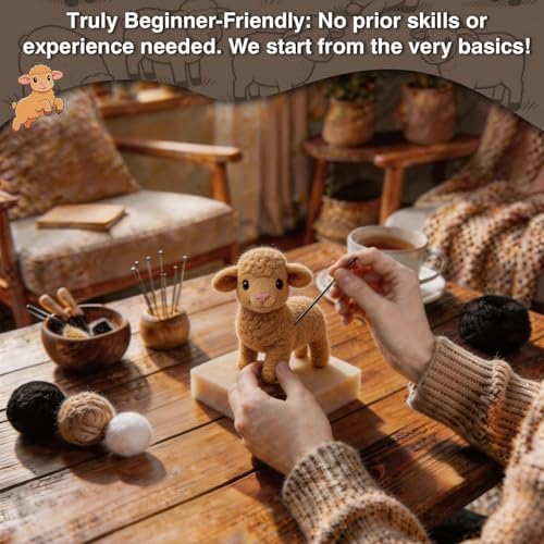 FACE N FACE DIY Needle Felting Kit Cute Golden Yellow Lamb Standing – Needle Felting Starter Kit with Fiber Roving, Needles, Felting Pad & Instructions | Felted Farm Animal Kit for Beginners Adults - Image 4