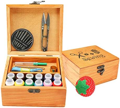 Sewing Kit, Wooden Sewing Kit Box for Adults, Wooden Sewing Basket with Accessories, Home Sewing Basket Stitching Repair Kit for Beginner, Women, Men (Brown) by BTU