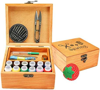 Sewing Kit, Wooden Sewing Kit Box for Adults, Wooden Sewing Basket with Accessories, Home Sewing Basket Stitching Repair Kit for Beginner, Women, Men (Brown) by BTU