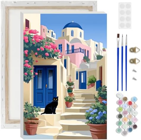 Lxmsja Greek Village Paint by Numbers Kit for Adults, Black Cat Acrylic Paint by Numbers for Adults Beginner, DIY Craft Supplies Oil Painting Kits for Home Wall Decor 8x12 inch (Framed) by Lxmsja