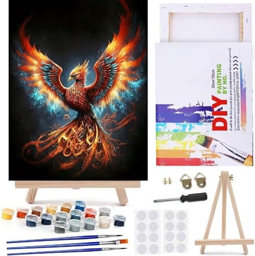 MaiMMaledy Paint by Numbers Kit for Adults Beginners Canvas Pictures with Framed Drawing Painting Acrylic Pigment with Wooden Triangle Easel Colorful Fire Phoenix 8Wx12L inch by MaiMMaledy