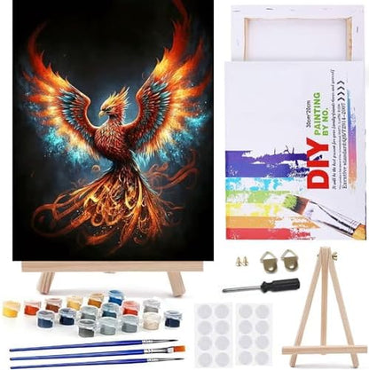 MaiMMaledy Paint by Numbers Kit for Adults Beginners Canvas Pictures with Framed Drawing Painting Acrylic Pigment with Wooden Triangle Easel Colorful Fire Phoenix 8Wx12L inch by MaiMMaledy