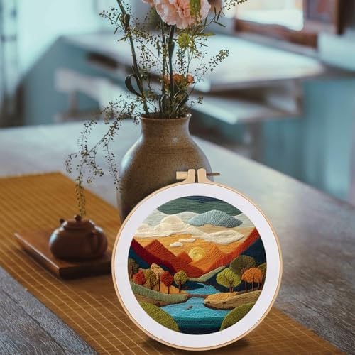 FONNUY Embroidery Kit for Beginners, Brightly Colored Landscape Lake Pre-Stamped Pattern Kits for Adults with Hoop, Easy to Follow Color Thread Needlework, 8'' Hoop (SkyBlue) - Image 4