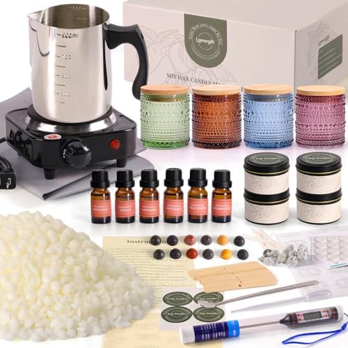 LAMORGIFT Soy Candle Making Kit with Wax Melter for Adults- Natural Soy Wax with Candle Making Supplies, 4 Jars& 4 Tins, Wax Melting Pot and More, Colored Scented Candle DIY Kit for Christmas Gift Set by LAMORGIFT