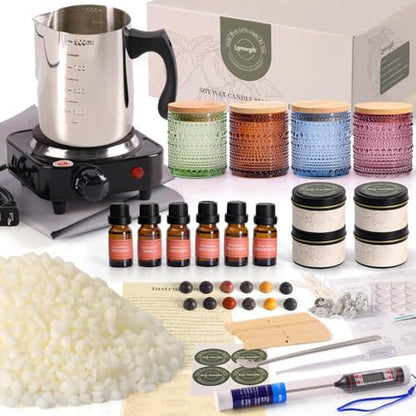 LAMORGIFT Soy Candle Making Kit with Wax Melter for Adults- Natural Soy Wax with Candle Making Supplies, 4 Jars& 4 Tins, Wax Melting Pot and More, Colored Scented Candle DIY Kit for Christmas Gift Set by LAMORGIFT