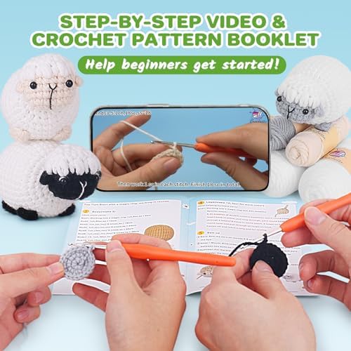 Crochet Kit for Beginners, Crochet Starter Kit with Step-by-Step Video Tutorials, Amigurumi Crochet DIY Knitting Supplies for Teenagers Adults, 3-Pack Little Lambs (40%+ Yarn) - Image 3