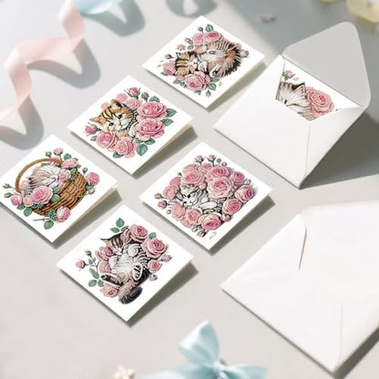 MVVMTOP 6pcs Diamond Painting Greeting Card with envelopes, DIY Cat and Rose Diamond Art Greeting Card for Blessing and Wish Special Shaped Arts Crafts for Christmas Birthday Thanksgiving Day Holiday - Image 5