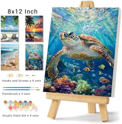 4 Pack Framed Paint By Numbers Kit for Adults Beginner Beach Adult Paint By Number Kits on Canvas Sea Turtle Painting By Numbers for Adults with Frame Diy Painting Kits for Home Wall Art 8x12 Inch - Image 2