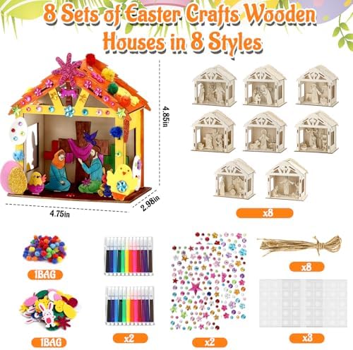 8Pcs Christian Easter Crafts Wooden House for Boy Girl & Adult, Religious Easter Activities DIY Kit with Jesus He Is Risen Egg Bunny, Spring Bible Art Gift for Basket Stuffers Party Favors Decor Bulk - Image 2