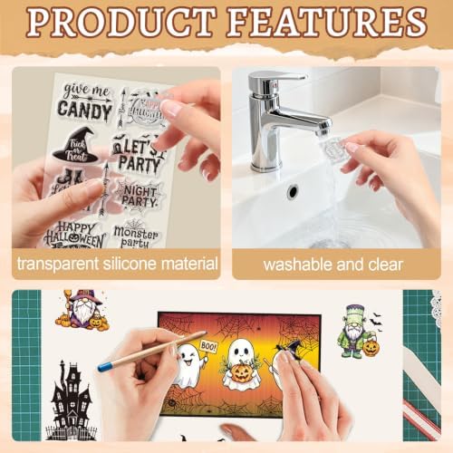 GLOBLELAND 6 Sheets Halloween Ghosts Witches Clear Stamps Set with 2 Style Scrapbook Papers for Card Making DIY Scrapbooking Photo Album Decor - Image 3