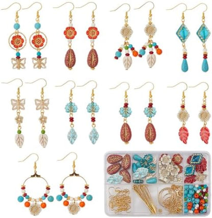 SUNNYCLUE 1 Box DIY 10 Pairs Boho Earring Making Kit Turquoise Charms Baroque Style Tibetan Gold Plating Metal Enlaced Spring Leaves Clear Flower Butterfly Charms for Jewelry Making Kits Women Adults by SUNNYCLUE