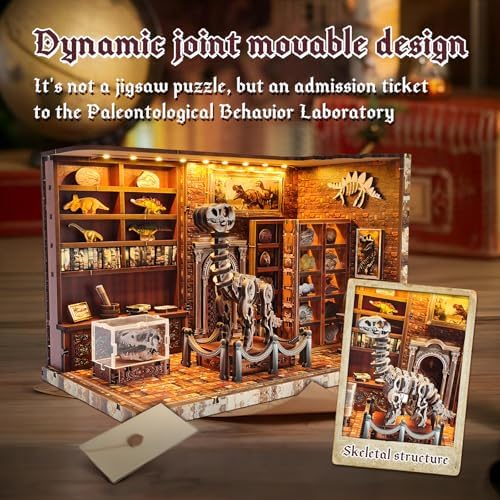 3D Wooden Puzzles for Adults, DIY Miniature Dollhouse, Book Nook Kit, Built-in LED Model Kit Hobby Gifts for Adults Teens Home Decor, Ideal Gift for Teenager and Men (Dinosaur Museum) - Image 3