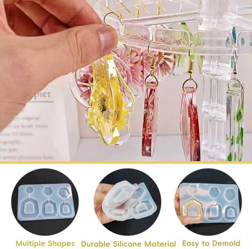 92 Pcs 12 Pack Resin Jewelry Making Kit, Silicone Earring Molds with Gold & Silver Hooks & Jump Rings, Flexible Non-Stick Molds for Epoxy Resin Casting, DIY Craft - Image 3