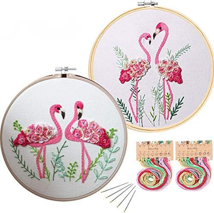 Konrisa Flamingo Embroidery Kit for Beginners with Pattern Floral Stamped Full Range of Embroidery Starter Kit for Adults Cross Stitch Kit with Embroidery Cloth, Hoops, Color Thread and Tools,Set of 2 by Konrisa