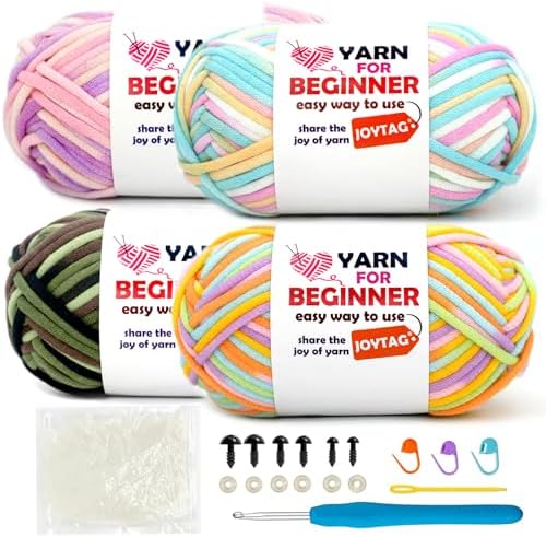 4 Pack Rainbow Beginner Crochet Yarn for Crocheting Knitting Multicolor Cotton Crochet Yarn for Beginners with Easy-to-See Stitches Cotton-Nylon Blend Easy Yarn for Beginners(Rainbow Mixed 03) by JOYTAG