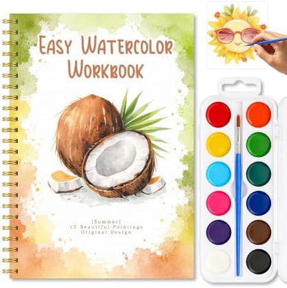 Summer Watercolor Workbook, Water Coloring Book with 12 Different Summer Beach Tropical Plant Coconut Paintings Original Designs, Watercolor Book Set with Palette and Brush, Relaxing Art for Beginners by Unknown