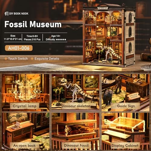 Dinosaur Museum Book Nook Kit - 3D Wooden Puzzle & DIY Miniature Dollhouse with LED Warm Light | Vintage Bookshelf Insert & Sturdy Bookends | Premium Creative Gift for Adults& Book Lovers - Image 6